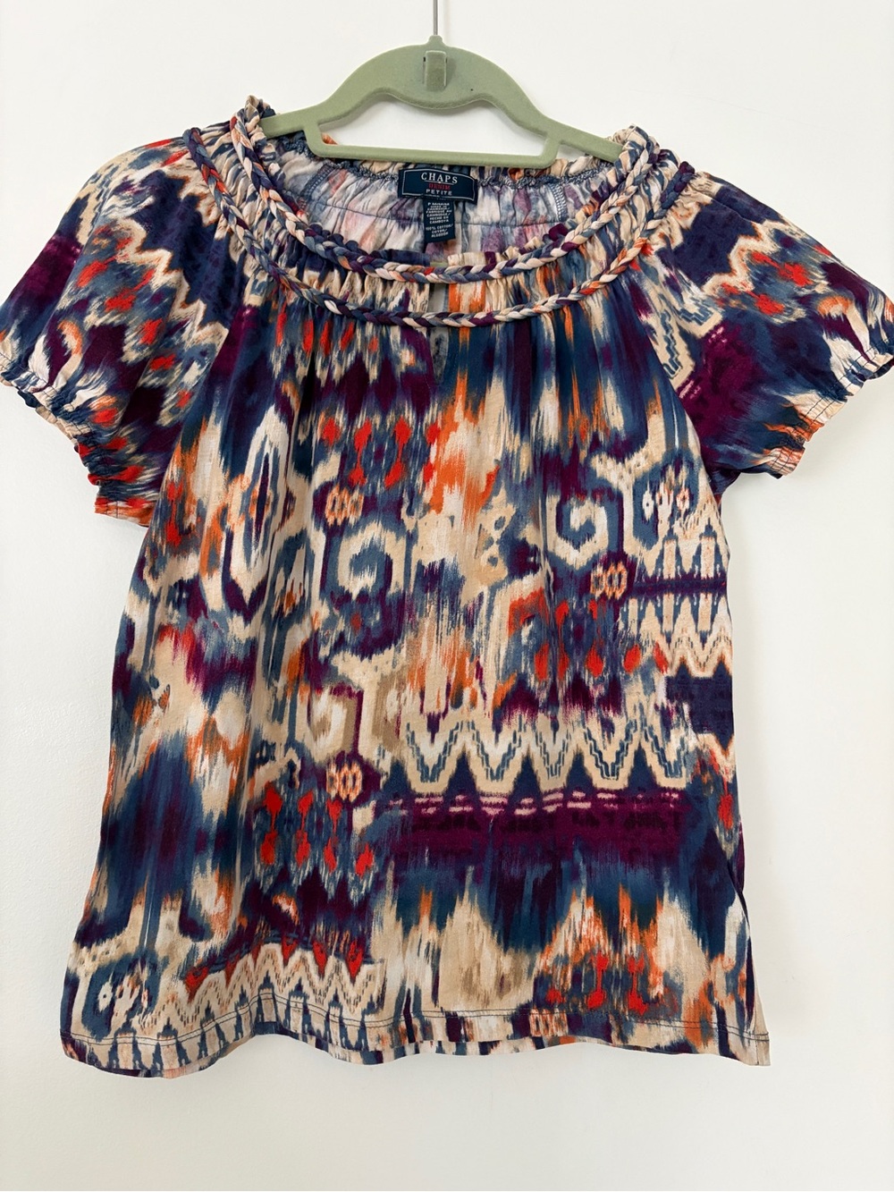Chaps Petite M 100% Cotton Ikat Print Top Braided Neck Boho
